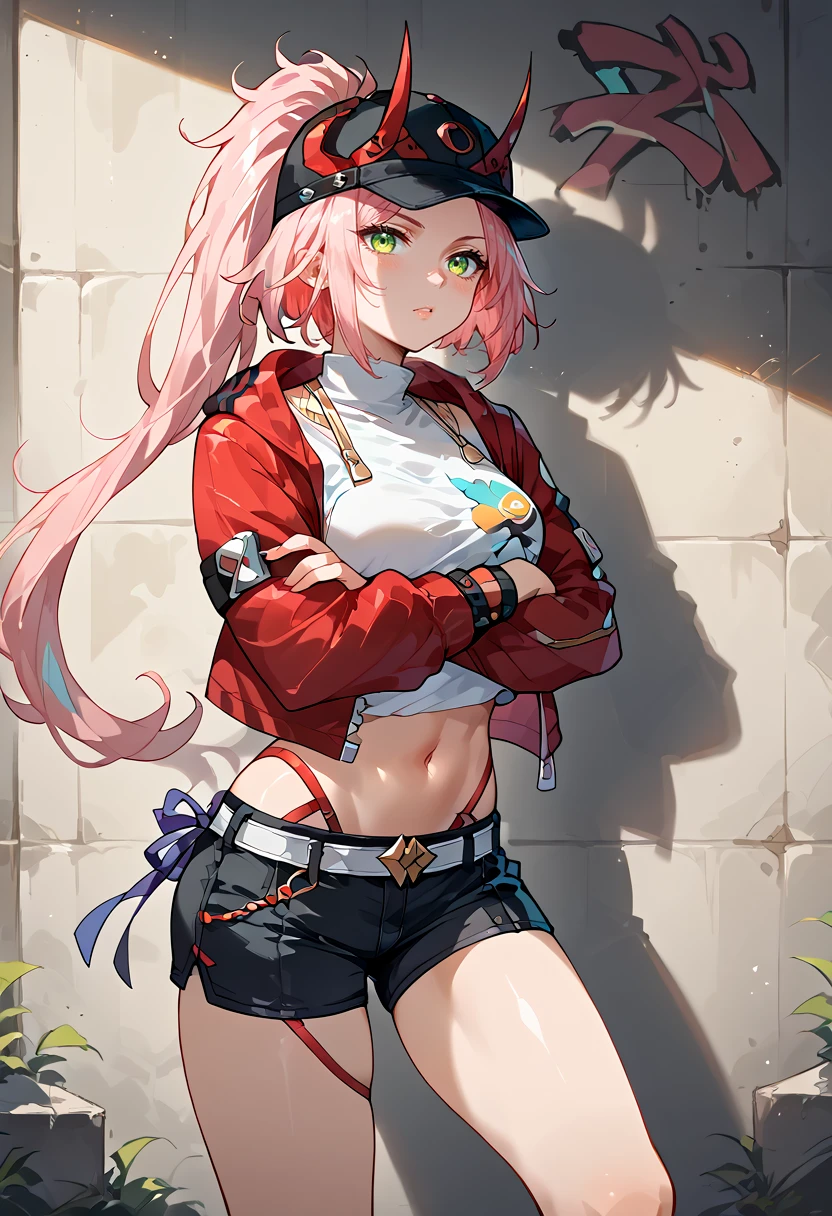 score_9, score_8_up, score_7_up,
<lora:SH_HSR_Rappa:0.8> Rappa, 1girl, focal shift,
delicate and slim, slight curves with giant wide-base breasts, multicolor hair, pink hair, long ponytail, shirt, white shirt, crop top, red jacket, navel, shorts, open clothes, baseball cap,
loose-fitting,swinging loosely, charming flirtation,
light rays, standing with shoulders back, exposed body,
leaning against wall, arms crossed, intense gaze, graffiti, ninjutsu,
front light, tranquil vineyard, sprawling fields, sun-drenched grapes, rustic charm background,