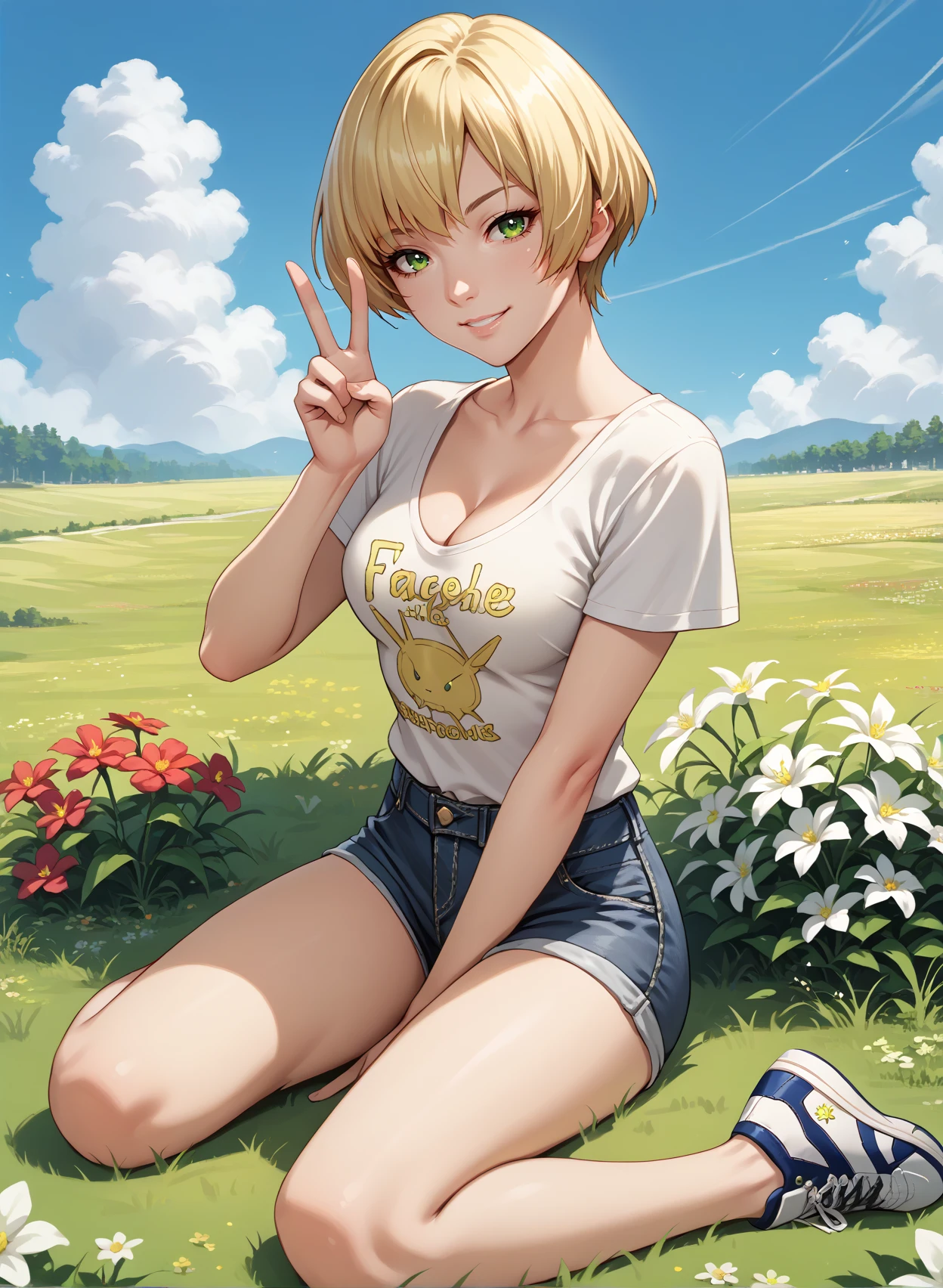 score_9, score_8_up, score_7_up, source_anime, 1girl, sitting, kneeling, looking at viewer, smile, <lora:FranGE-pdxl:1> franGE, blonde hair, short hair, green eyes, medium breasts, print shirt, peace sign, cleavage, denim shorts, sneakers, grass, flowers, sky