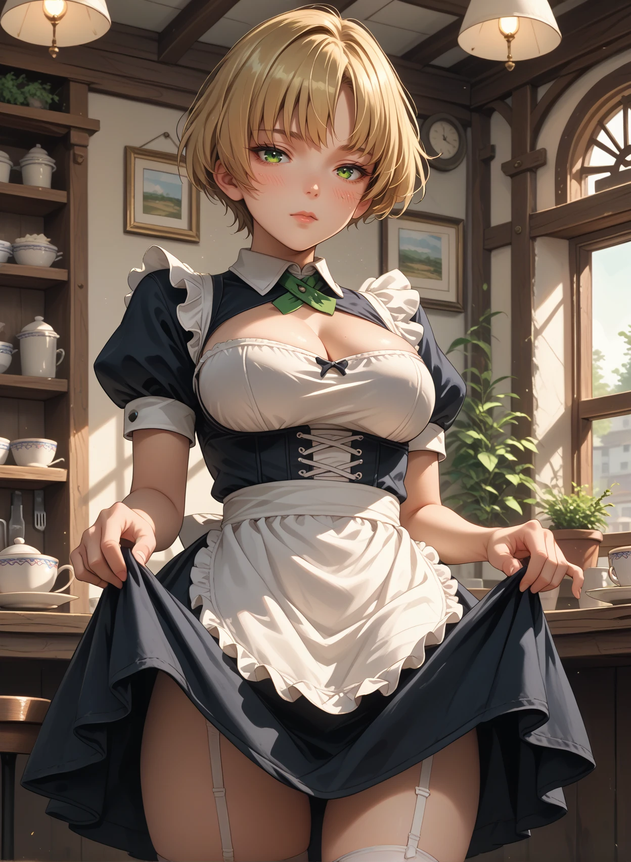 score_9, score_8_up, score_7_up, 1girl, cowboy shot, looking at viewer, skirt hold, blush, <lora:FranGE-pdxl:1> franGE, blonde hair, short hair, green eyes, large breasts, maid, maid apron, thighhighs, puffy short sleeves, cleavage cutout, indoors, cafe