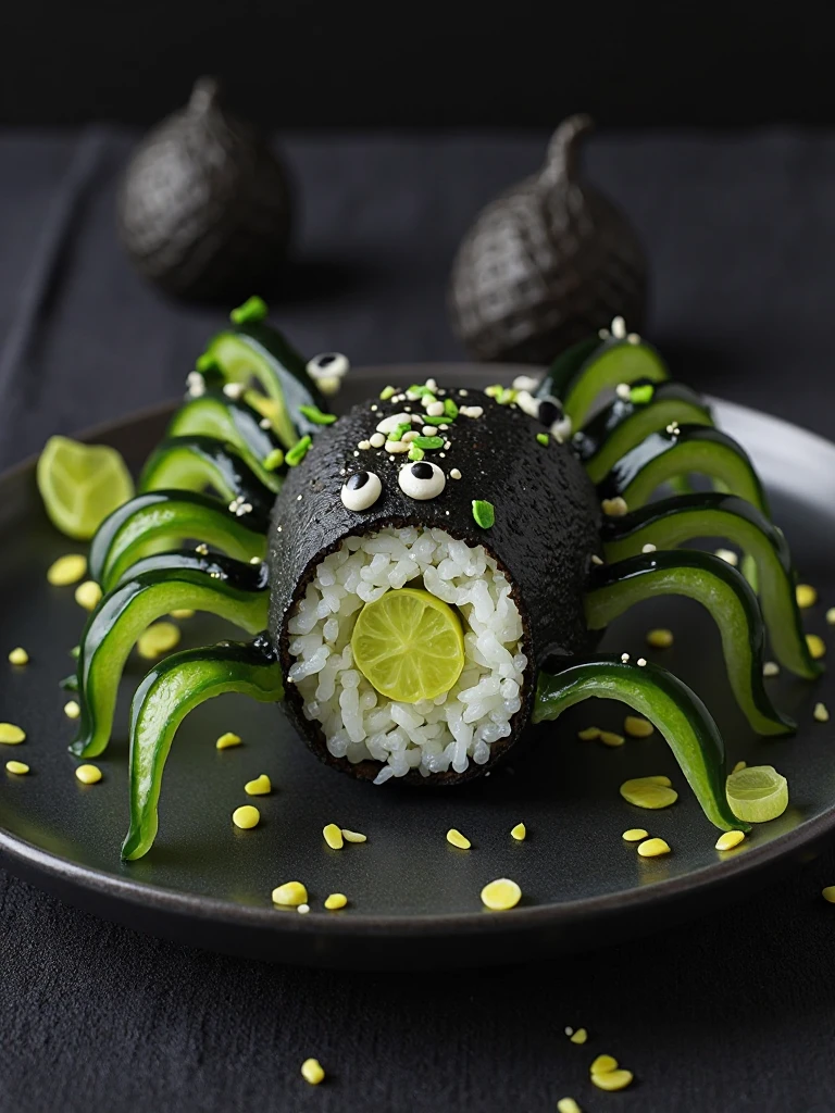 hlf food decoration style of 
Spider Egg Sushi Rolls poster featuring black rice rolls with thin cucumber strips creating spider legs. Sesame seed eyes and wasabi web decorations. Dark Asian-inspired background.












