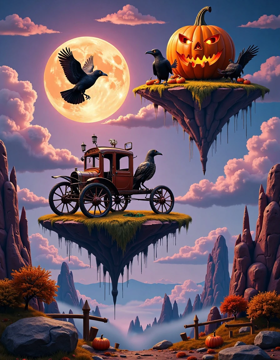 setoscape_style, A masterful surrealist Halloween painting in the distinctive style of Tomasz Setowski, portraying a whimsical, eerie landscape where floating islands drift through misty, moonlit skies. The islands are haunted with surreal mechanical-organic creatures, like crows made of twisted rusted metal, with glowing eyes, and vintage Halloween objects, including a skeletal antique carriage suspended in mid-air with oversized, spiked wheels, defying gravity. The sky above features a large, grinning jack-o'-lantern face, casting an ominous glow over the scene. The composition is rich in dark, jewel-toned purples, deep oranges, and sharp contrasts, with layers of perspective that evoke a sense of unsettling mystery. Soft, painterly strokes bring the ghostly mechanical textures to life, blending precision with haunted imagination in this surreal, Halloween world