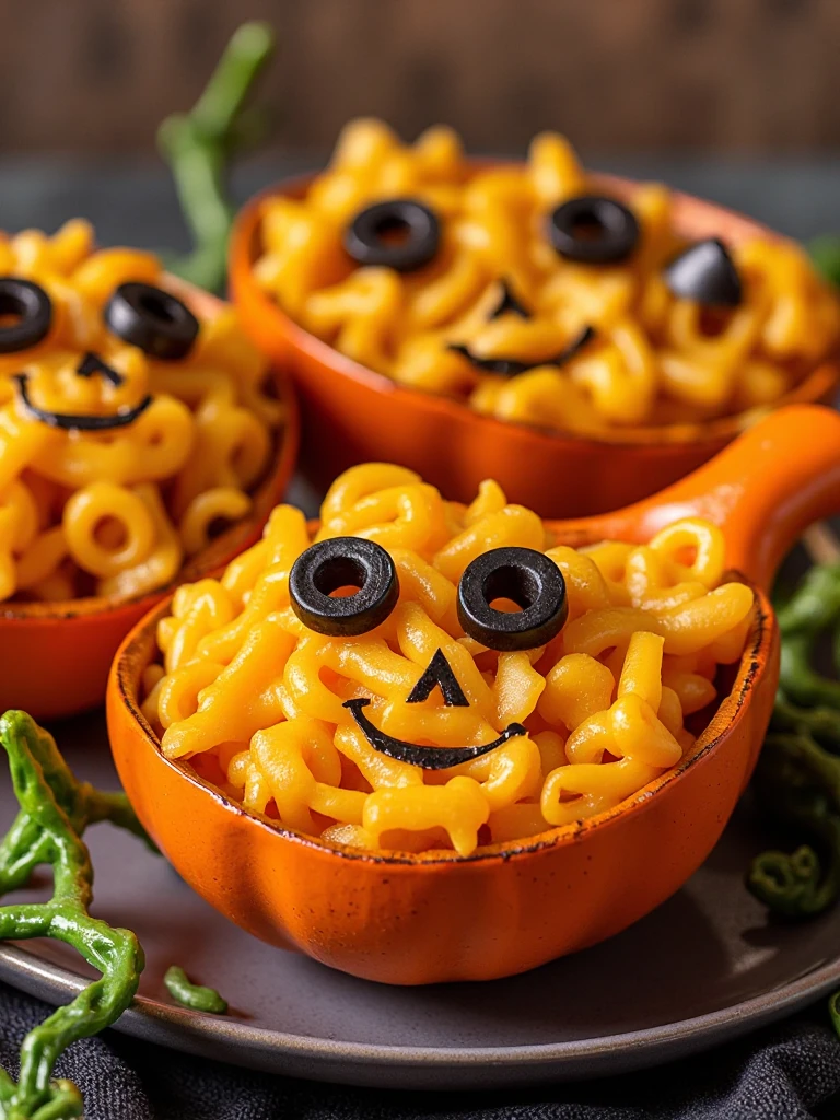 hlf food decoration style of 
Pumpkin Face Mac & Cheese poster displaying orange macaroni arranged with black olive features creating jack-o'-lantern faces. Served in mini pumpkin bowls with creepy vines.













