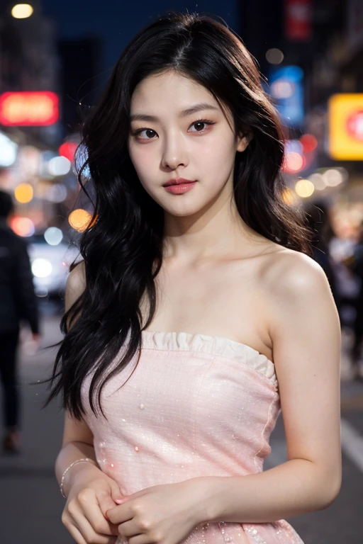 masterpiece, best quality, ultra-detailed, ultra high res, (photorealistic:1.4), raw photo, (realistic:0.2), 8k HDR, realistic cool temperature lighting, (asian:0.2), 1girl, solo, wavy hair, outdoor, day, (bustling city streets with pedestrian background:1.2), bokeh, (detailed lips), (detailed pores), (detailed skin textures with pinkish tinge), (detailed face:1.2), (upper body:1.2), a woman in a white strapless tube dress, promotional image, a character portrait,