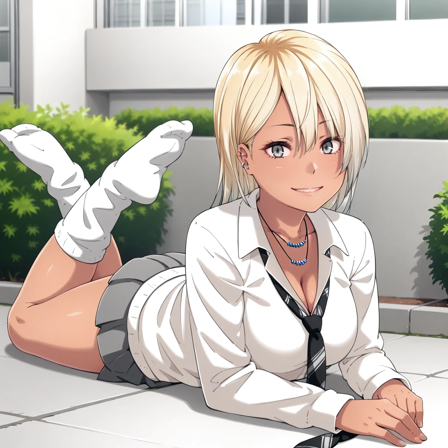 <lora:UnOMdDDMnK_NagisaXLpony001>,
outdoors,
smile,
solo,
Nagisa,1girl,blonde hair,multicolored hair,grey eyes,tan,piercing,
necklace,white shirt,cleavage,necktie,long_sleeves,
gray skirt,pleated_skirt,
loose_socks,white socks,
on stomach,