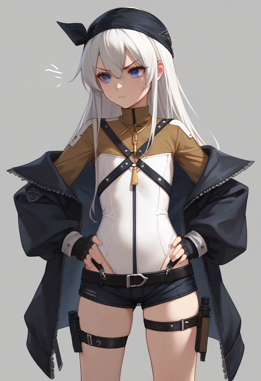 score_9, score_8_up, score_7_up, source_anime, BREAK standing, hands on hips, white hair, long hair, blue eyes, bandana, white leotard, off-shoulder jacket, fingerless gloves, short shorts, thigh strap, shin sock, annoyed,