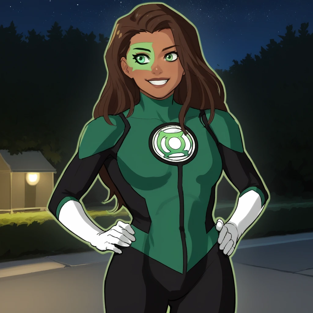 score_9, score_8_up, score_7_up, score_6_up, score_5_up, score_4_up, zPDXL2,source_anime,rating_questionable,1girl, solo, smile, cowboy shot, hand on hips, outdoors, night, <lora:Jessica_Cruz_-_DC_Comics:1> jessicacruz_dc, dark skin, long brown hair, green eyes, green bodysuit, white gloves