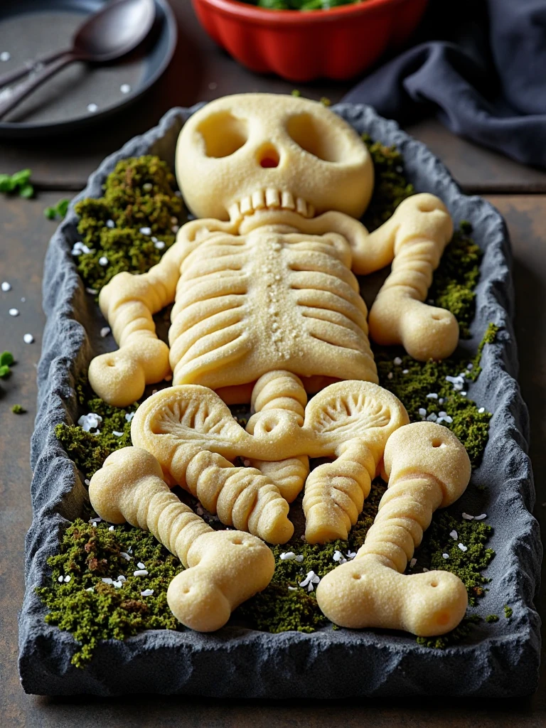 hlf food decoration style of 
Bone Breadsticks poster showing twisted white breadsticks shaped like human bones, arranged in a skeleton pattern. Dusted with parmesan "ash". Served on a stone tomb-like platter with moss details.








