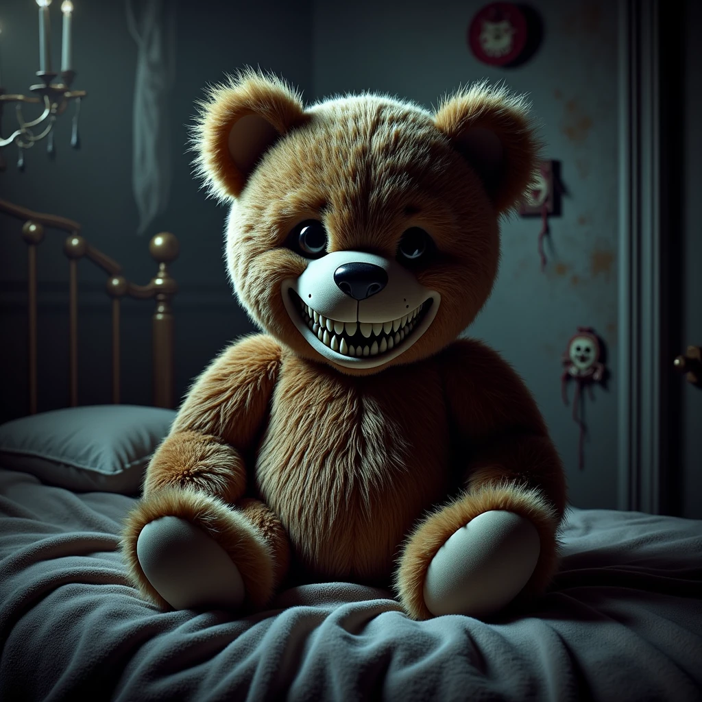 Creepy looking teddy bear, bright tone