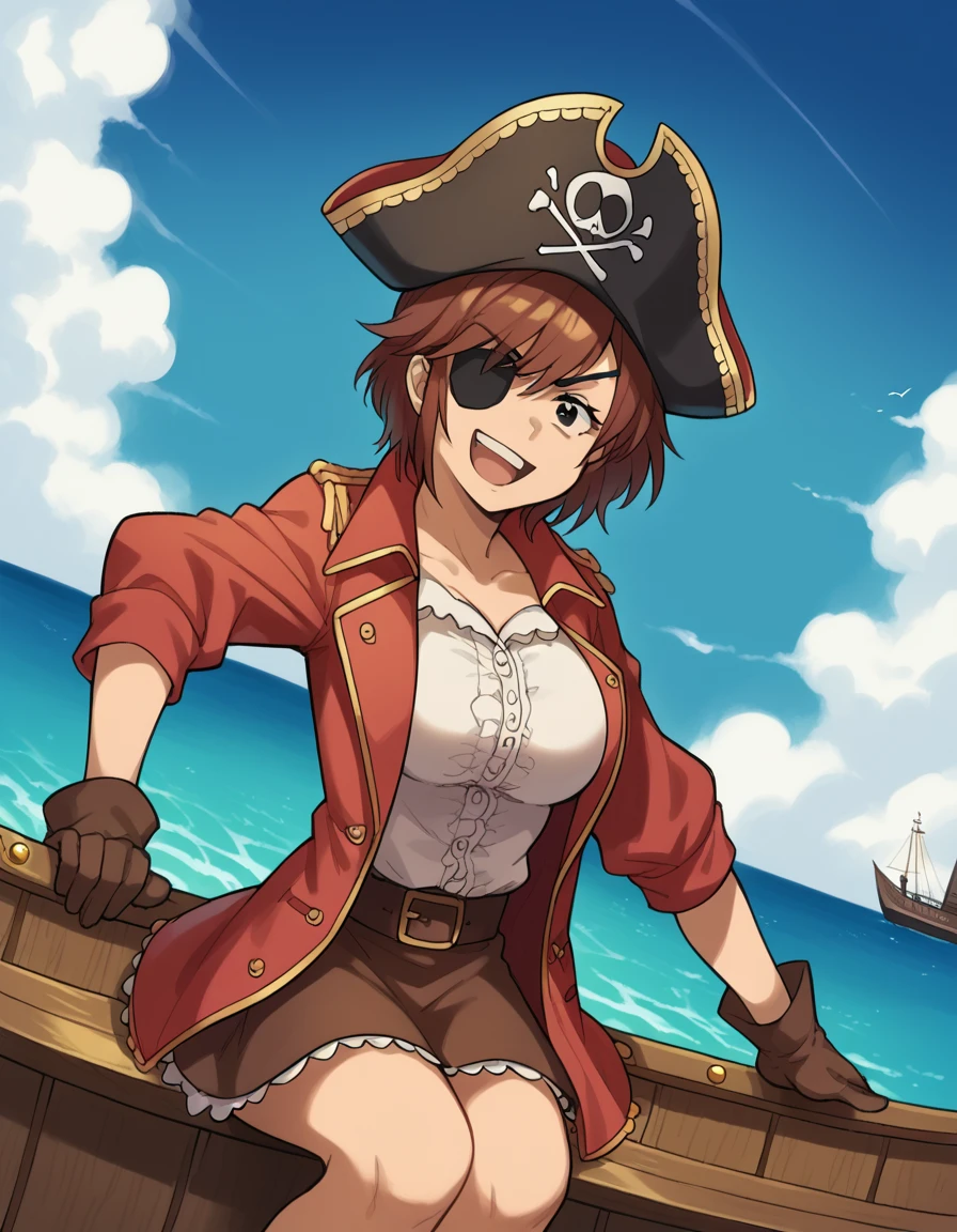 score_9, score_8_up, score_7_up, source_anime, <lora:kyouko-houin-s1-ponyxl-lora-nochekaiser:1>, kyouko houin, short hair, large breasts, brown hair, black eyes,, <lora:pirate-costume-ponyxl-lora-nochekaiser:1>, pirate costume, pirate hat, skirt, gloves, jacket, shirt, eyepatch,, blue sky, sea, ocean, pirate ship, treasure, gold, smug, open mouth, from below, sitting,, , dutch angle, cowboy shot