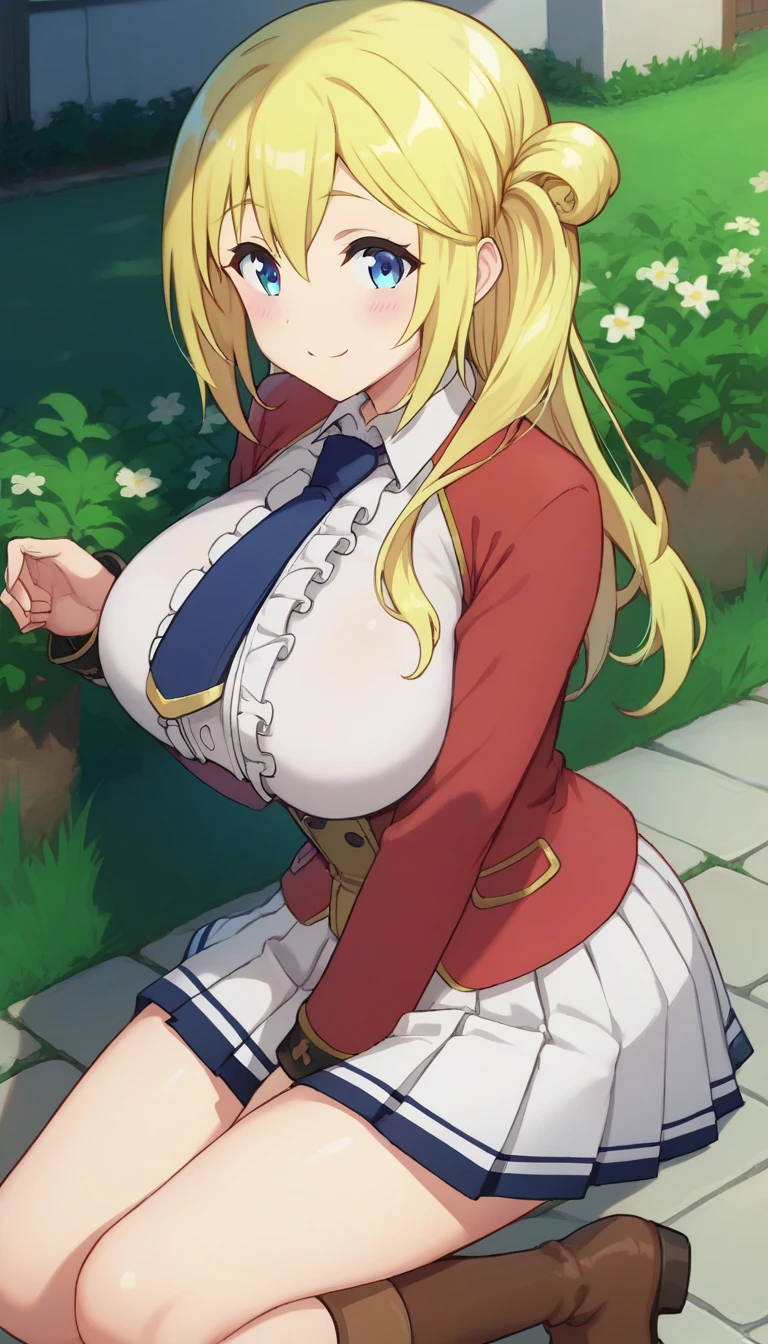 score_9,score_8_up,score_7_up,score_6_up BREAK official art,solo,outdoors,upper body,(portrait:1.5),looking at viewer,facing viewer,smile,blush,Enome,long hair,blonde hair,side ponytail,single hair bun,one side up,hair between eyes,bangs,blue eyes,red jacket,breasts out,blue necktie,short necktie,collared shirt,white shirt,center frills,long sleeves,large breasts,underbust,miniskirt,white skirt,pleated skirt,thighs,knee boots,brown footwear,<lora:Enome(ig)-Pony:1.6>,