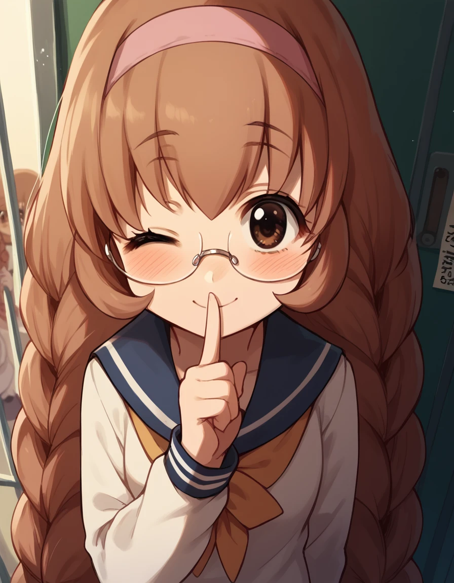 score_9, score_8_up, score_7_up, source_anime, <lora:mimi-usa-s1-ponyxl-lora-nochekaiser:1>, mimi usa, long hair, brown hair, brown eyes, very long hair, braid, hairband, glasses, twin braids,, school uniform, serafuku, long sleeves,, bus stop, waiting, commuter, smartphone, checking time, cold morning, , <lora:shushing-ponyxl-lora-nochekaiser:1>, shushing, finger to mouth, index finger raised, from above, library, smile, blush, one eye closed, dutch angle,, looking at viewer, solo,, dutch angle, cowboy shot