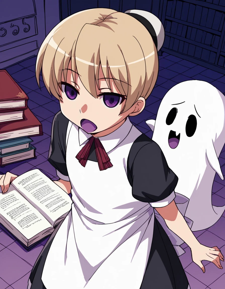 score_9, score_8_up, score_7_up, source_anime, <lora:kaibutsuoujo-flandre-s1-ponyxl-lora-nochekaiser:1>, flandre, short hair, blonde hair, purple eyes, hair bun,, apron, maid,, bookstore, browsing shelves, new book smell, finding a favorite, quiet atmosphere, , <lora:ghost-pose-ponyxl-lora-nochekaiser:1>, ghost pose, ghost, purple tongue, open mouth, looking up,, looking at viewer, solo,, dutch angle, cowboy shot