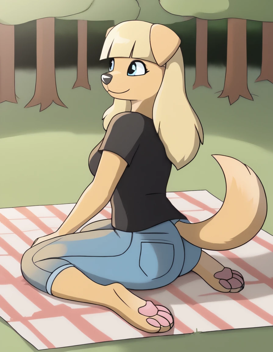 forest, 
Danielle,1girl,solo,furry female,blonde hair,bangs,animal ears,body fur,blunt bangs,dog girl,animal nose,dog ears,blue eyes,tail,sidelocks,long hair,two-tone fur,dog tail,
full body,smile,
jeans, black t-shirt, 
picnic, 
<lora:Danielle_v01_PDXL:1>,
<lora:add-detail-xl:1>,