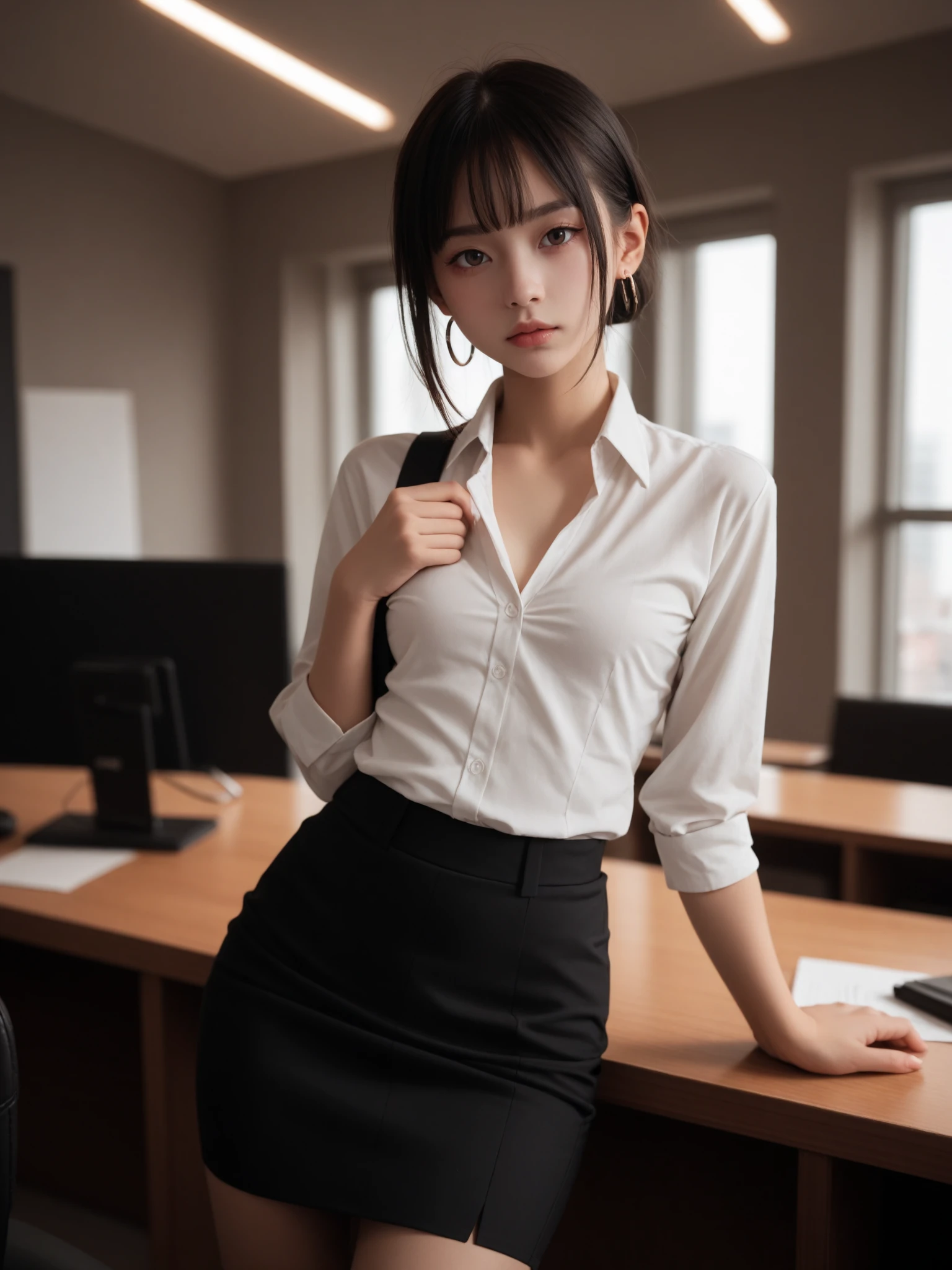 score_9, score_8_up, score_7_up, score_6_up, score_5_up, score_4_up, dark theme, 20YO, japanese beautiful girl, She is dressed in a white blouse and a black pencil skirt, standing in front of an office desk. (The background depicts a busy office scene.)