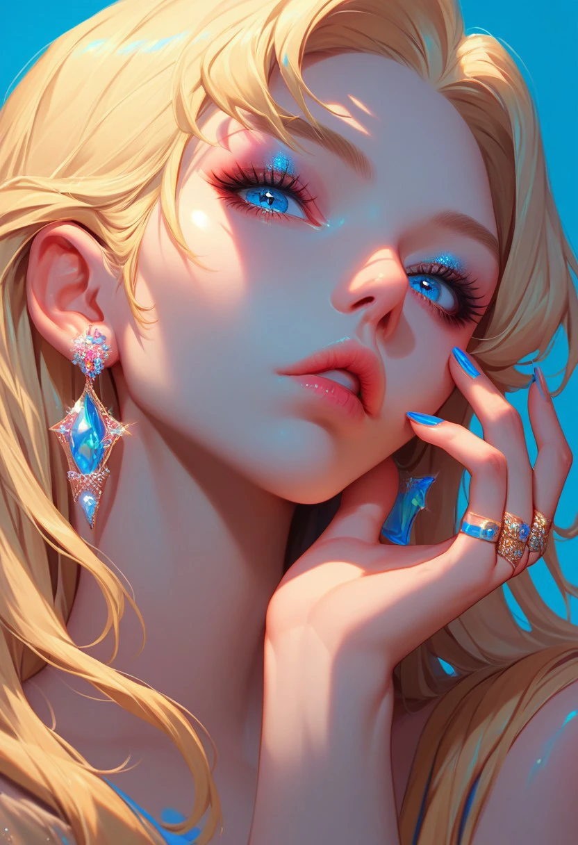 c4ndy, 1girl, solo, jewelry, blue eyes, earrings, parted lips, long hair, blonde hair, portrait, blue nails, blue background, lips, looking at viewer, makeup, ring, nail polish, hand on own face, hand up, simple background, illustrative, , score_9, score_8_up, score_7_up, score_6_up, score_5_up, score_5_up, score_4_up