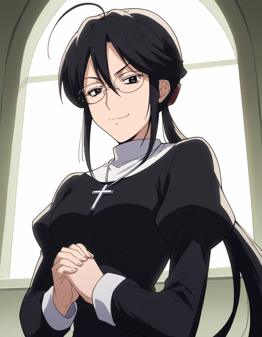 score_9, score_8_up, score_7_up, source_anime, <lora:sae-shirai-s1-ponyxl-lora-nochekaiser:1>, sae shirai, long hair, black hair, ponytail, ahoge, glasses, black eyes, hair between eyes, sidelocks, medium breasts,, <lora:traditional-nun-ponyxl-lora-nochekaiser:1>, traditional nun, nun, habit, long sleeves, dress, black dress, jewelry, black veil, cross, cross necklace,, church, smug, praying,, , dutch angle, cowboy shot