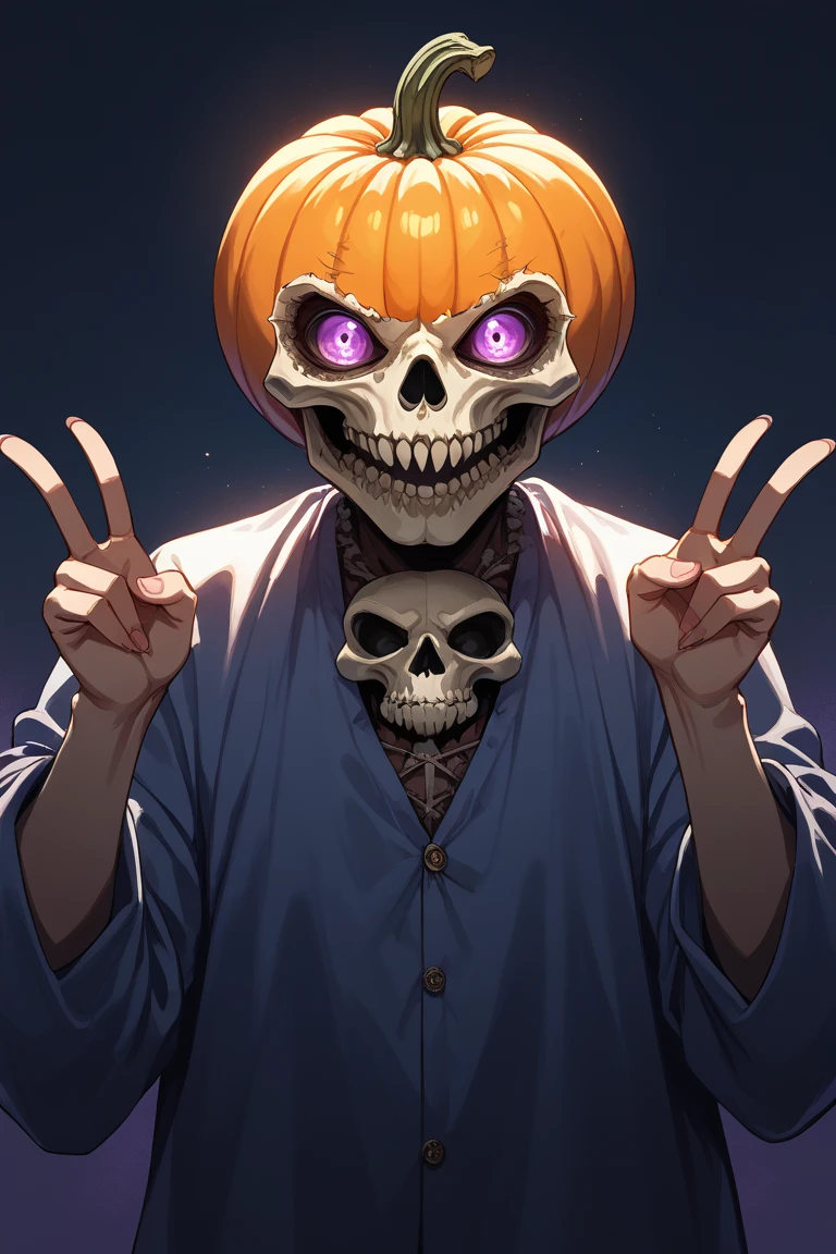 score_9, score_8_up, score_7_up, source_anime, rating_safe, backlighting, pumpkin-humanoid focus, double v, DaPUMPKIN, looking at viewer, DaPUMPKIN_face, skull, smiling, 1other, simple purple-blue gradient background, intricately detailed illustration, horror (theme)