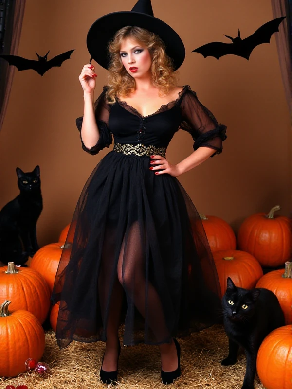 Traci Lords wears a turtlencek witch dress and a witch hat ins a halloween scenery with carved pumpkins, black cats, candies and fake bats<lora:Traci_Lords:0.9>