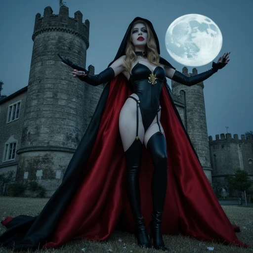 Lady Death, cosplay custome, she is in front of a old castle, full moon,