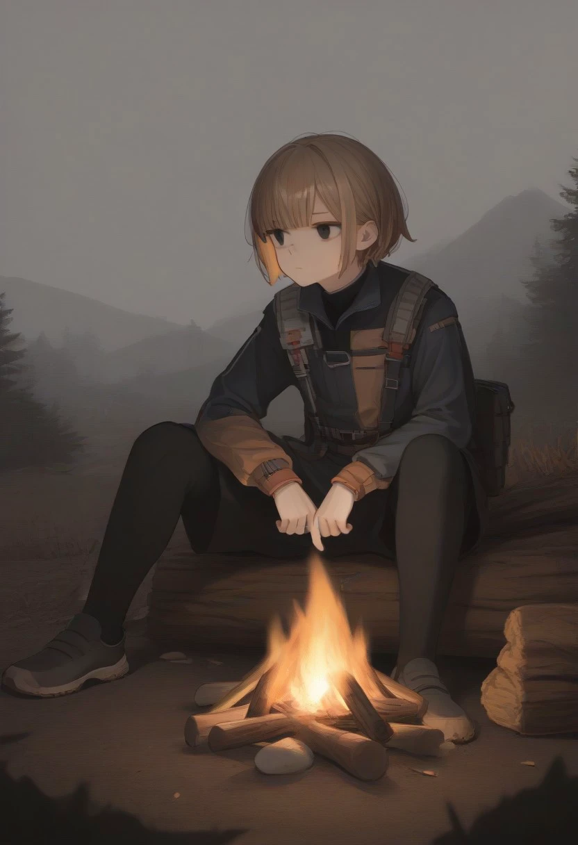 score_9, score_8_up, score_7_up, source_anime, BREAK sitting, mg338, campfire, expressionless