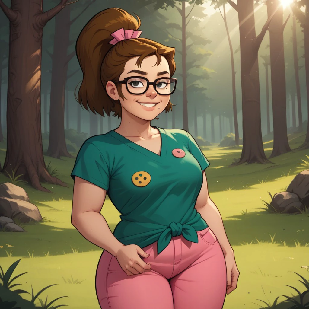 score_9, score_8, BREAK, solo, tied shirt, pink pants, glasses, brown hair, ponytail, mole under mouth, button badges, plump, curvy, sneakers, total drama, Beth_(Total_Drama), cute, breasts, sexy pose, smile, outdoors, sunlight, shadows, evening lighting, natural lighting, forest, trees, grass, orange sky, sunset