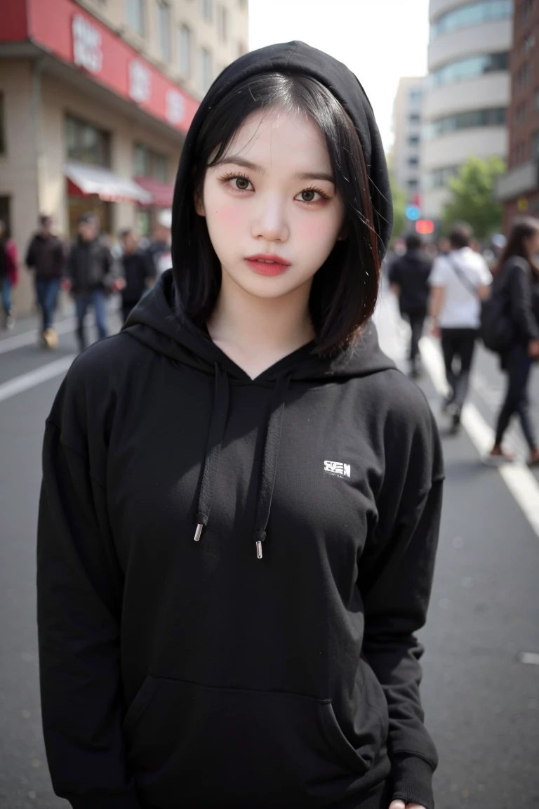 upper body photo of sserafimchaewon in black hoodie, makeup, streets, day, hard shadows, (photorealistic:2.0), <lora:sserafimchaewon-v3a:1>