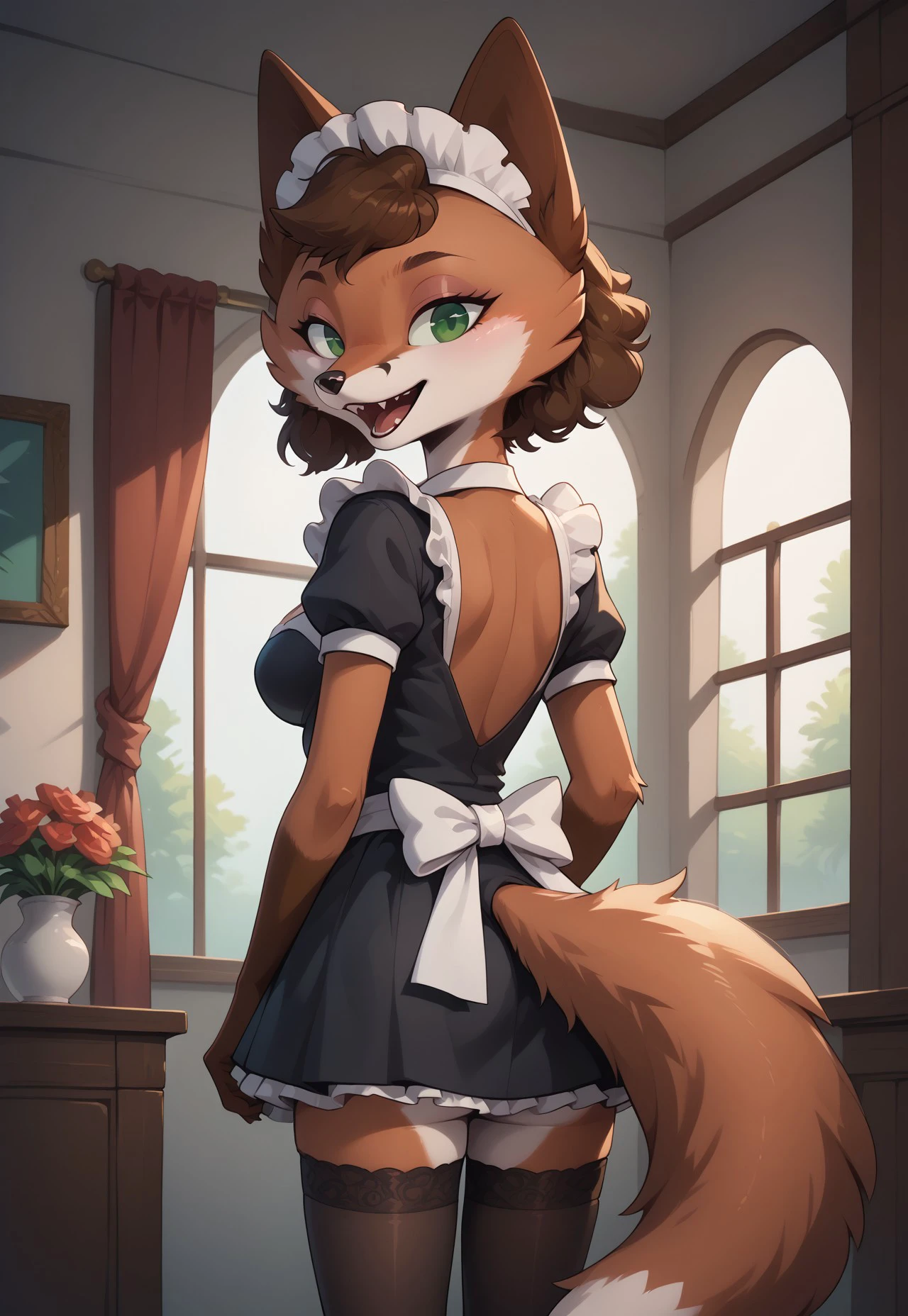 safe_pos, score_9, score_8_up, score_7_up, score_6_up, score_5_up, score_4_up, source_furry, solo, source_cartoon, fox, Sineki, curly hair, brown body, short hair, green eyes, anthro canine fox furry character, middle breasts, Maid outfit, maid hat, stockings, hotel room, happy, anthro, fur, furry body, brown body, 1girl, show accurate, fangs, detailed, open mouth, beautiful, female, vector, flat colors, middle breasts, half-closed eyes, big eyes, 4k, ultra detailed, open mouth, focus eyes, standing, back view, looking back, bottom view, butt