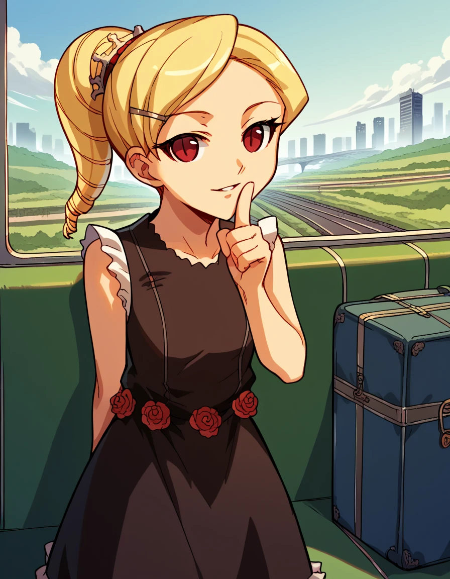 score_9, score_8_up, score_7_up, source_anime, <lora:kaibutsuoujo-sherwood-s1-ponyxl-lora-nochekaiser:1>, sherwood, blonde hair, hair ornament, red eyes, ponytail, hairclip, drill hair, dress, flower, black dress, black dress, skirt, frilled skirt, black skirt, sleeveless, sleeveless dress, train station, waiting for train, suitcase, traveling, commute, city skyline, hands behind back,, smile, <lora:finger-to-cheek-ponyxl-lora-nochekaiser:1>, finger to cheek, index finger raised, pointing at self, bedroom, parted lips, leaning forward, bent over, cowboy shot, dutch angle,, looking at viewer, solo,, dutch angle, cowboy shot