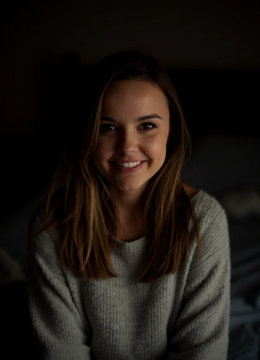 a photo of Dillion, looking into the camera with a smile. she's wearing a wool sweater. 
A soft, ambient glow gradually fades into darkness, creating a subtle, introspective mood with a sense of delicate isolation. 

Captured with an entry-level DSLR, the shot has moderate clarity, though the shadows and highlights are slightly off.