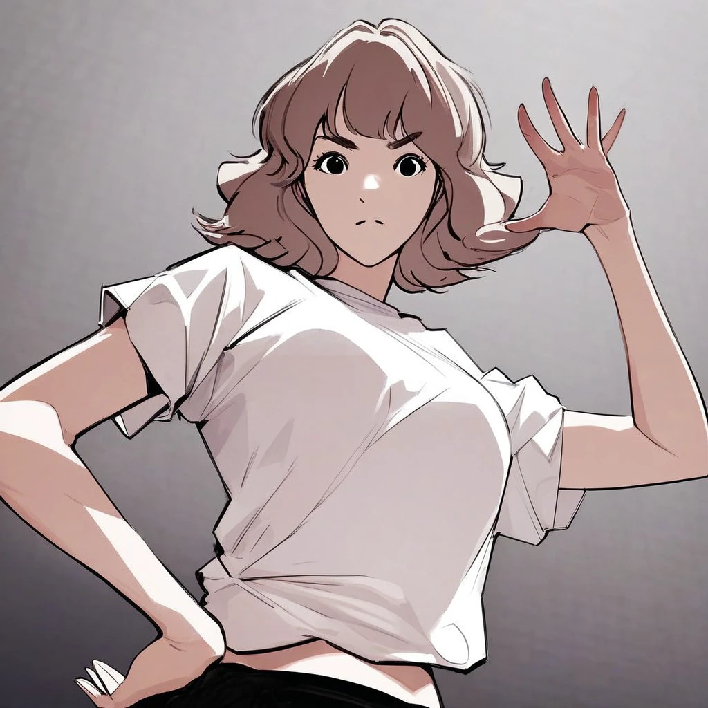 score_9, score_8_up, score_7_up, score_6_up, high res, good anatomy, good proportions, dynamic pose, 1girl, solo, sallypark, light-brown hair, medium hair, bangs, black eyes, looking at viewer, :o, from below, breasts focus, white shirt, short sleeves, midriff, hand on hip