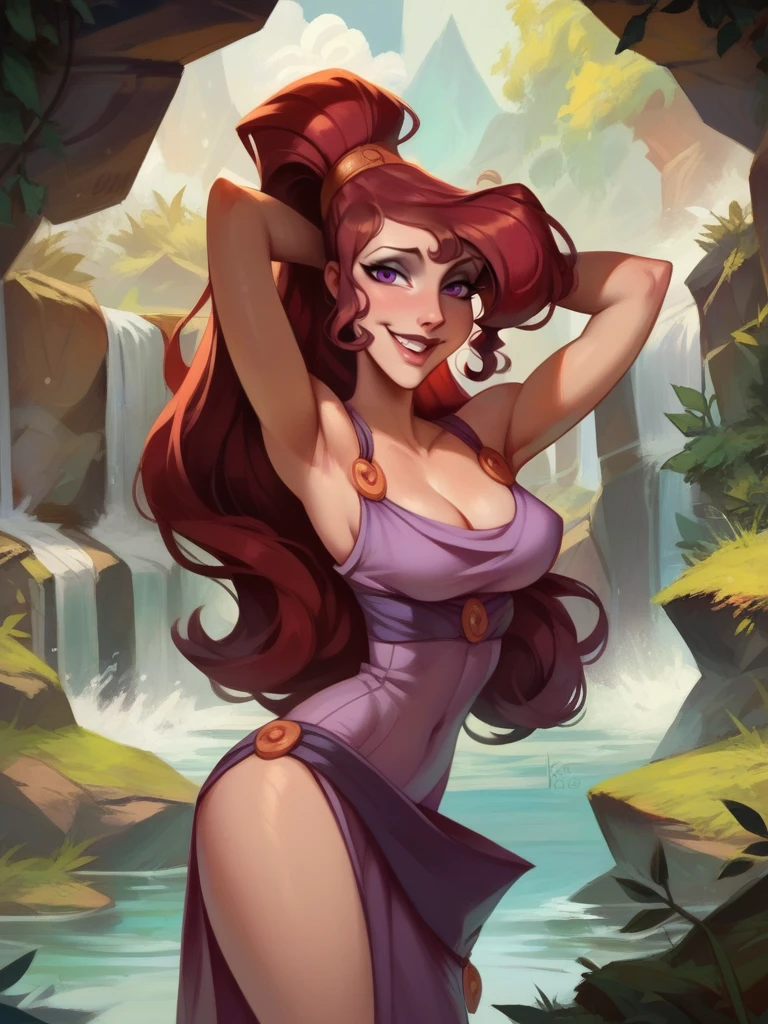 score_9, score_8_up, score_7_up, 1girl, naughty face, front, leaning forward, sexy pose, leaning forward, very happy, looking at viewer, vegetation, waterfall behind her, dynamic pose, cowboy shot, arms up, 
<lora:AMeghanXLP_character:1>, MegXLP, purple eyes, red hair, high ponytail, makeup, purple dress, cartoon,  <lora:Bonifasco_PonyXL_v1:0.65>