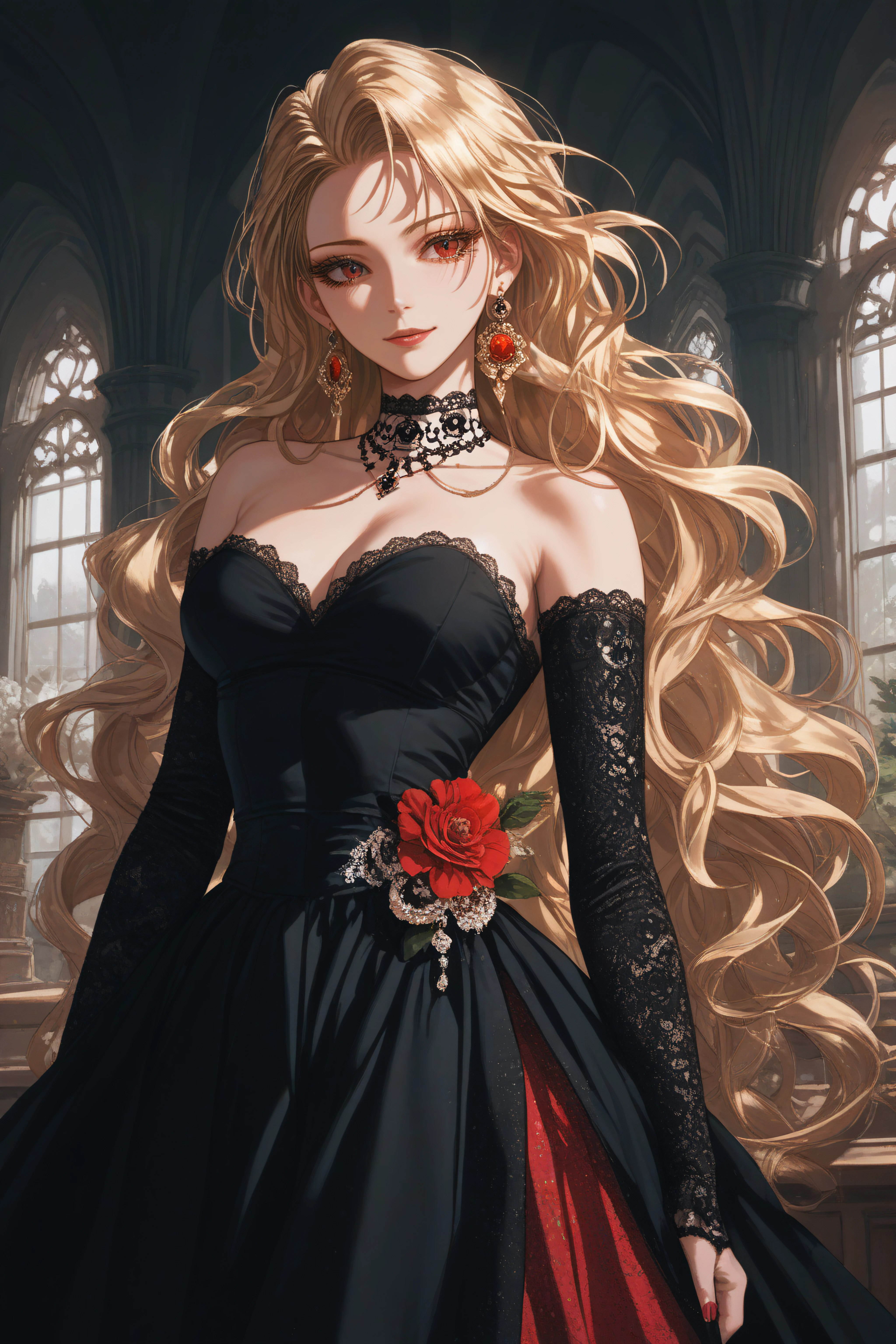 score_9, score_8_up, score_7_up, score_6_up, source_anime, <lora:Roxana Agrece v2-PonyXL-lora-Faxtron:1> roxana agree, red eyes, blonde hair, long hair, earrings, dress,