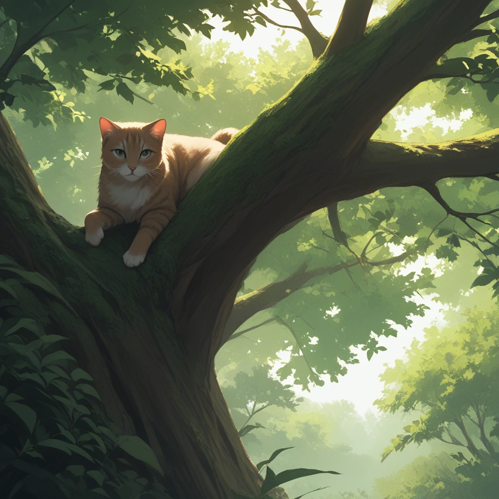 score_9_up, score_8_up, score_7_up, (masterpiece), best quality, perfect anatomy, perfect face, Anime, Cat, In a tree, Natural Lighting