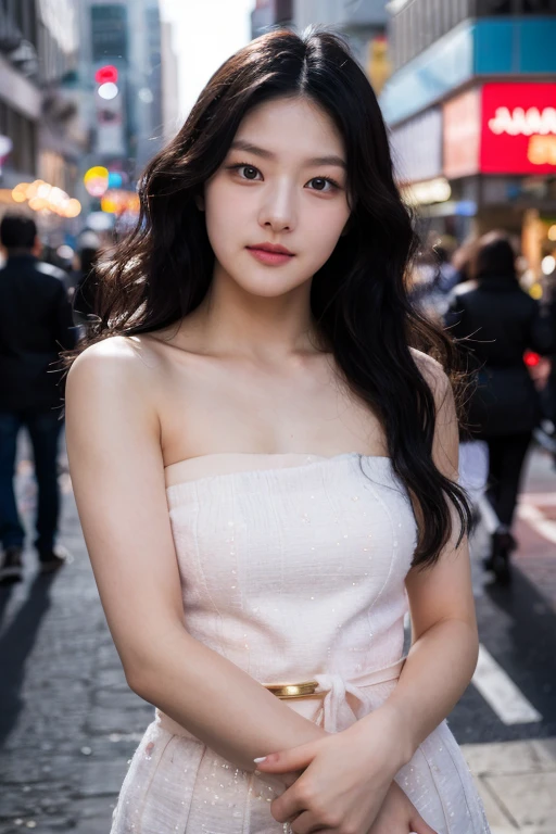 masterpiece, best quality, ultra-detailed, ultra high res, (photorealistic:1.4), raw photo, (realistic:0.2), 8k HDR, realistic cool temperature lighting, (asian:0.2), 1girl, solo, wavy hair, outdoor, day, (bustling city streets with pedestrian background:1.2), bokeh, (detailed lips), (detailed pores), (detailed skin textures with pinkish tinge), (detailed face:1.2), (upper body:1.2), a woman in a white strapless tube dress, promotional image, a character portrait,