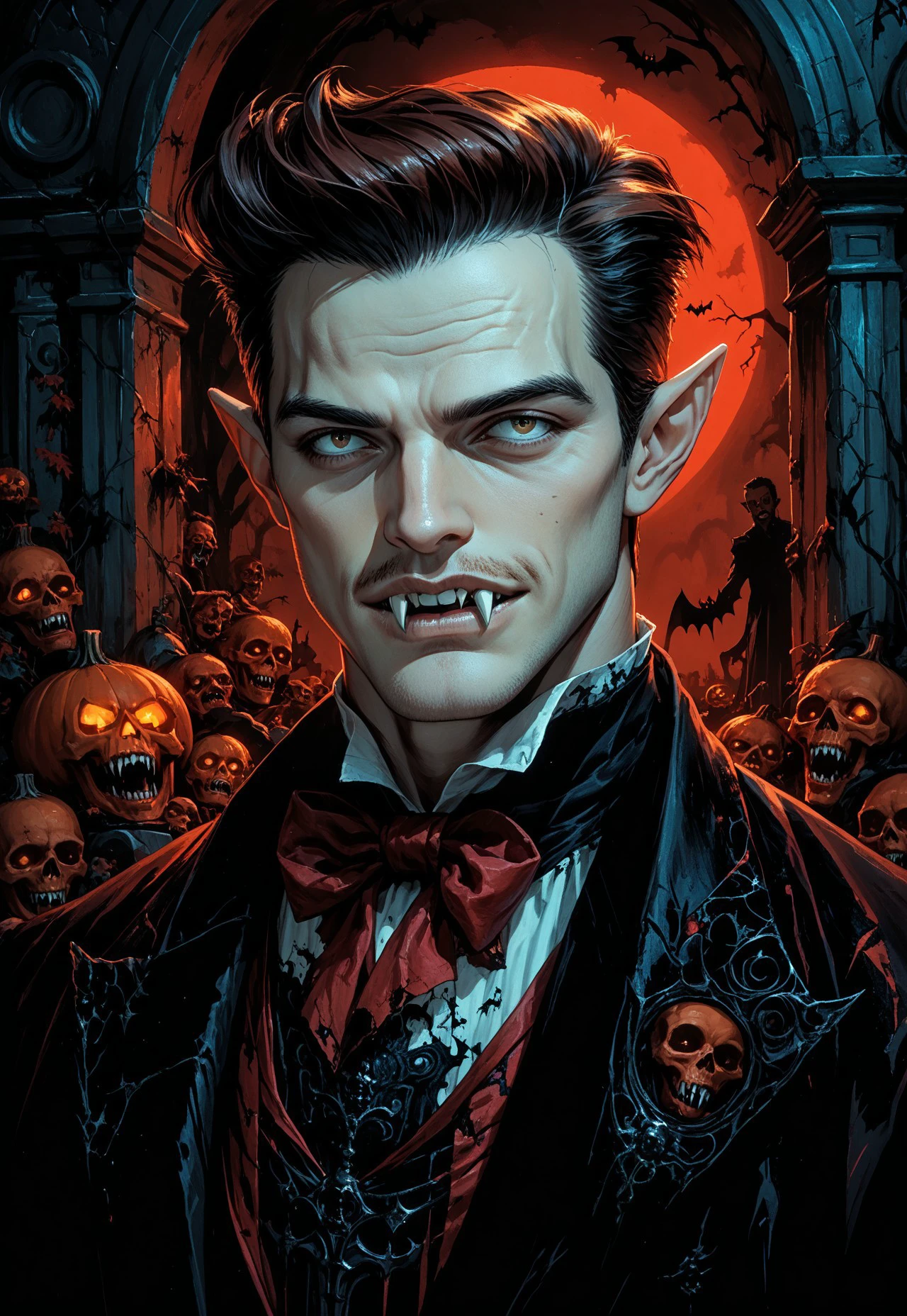 v1nt4g3 h3ll0w33n, A (man dressed as a vampire:1.3) with (pointy ears:1.2) and (detailed fangs:1.4), set against a (gothic cemetery background:1.3), capturing an eerie yet captivating atmosphere, dramatic lighting, intricate costume details, inspired by the illustrative comic art styles of (Norman Rockwell:1.4) and (Joe Madureira:1.3), rich colors, hauntingly beautiful, score_9, score_8_up, score_7_up, score_6_up, score_5_up, score_5_up, score_4_up