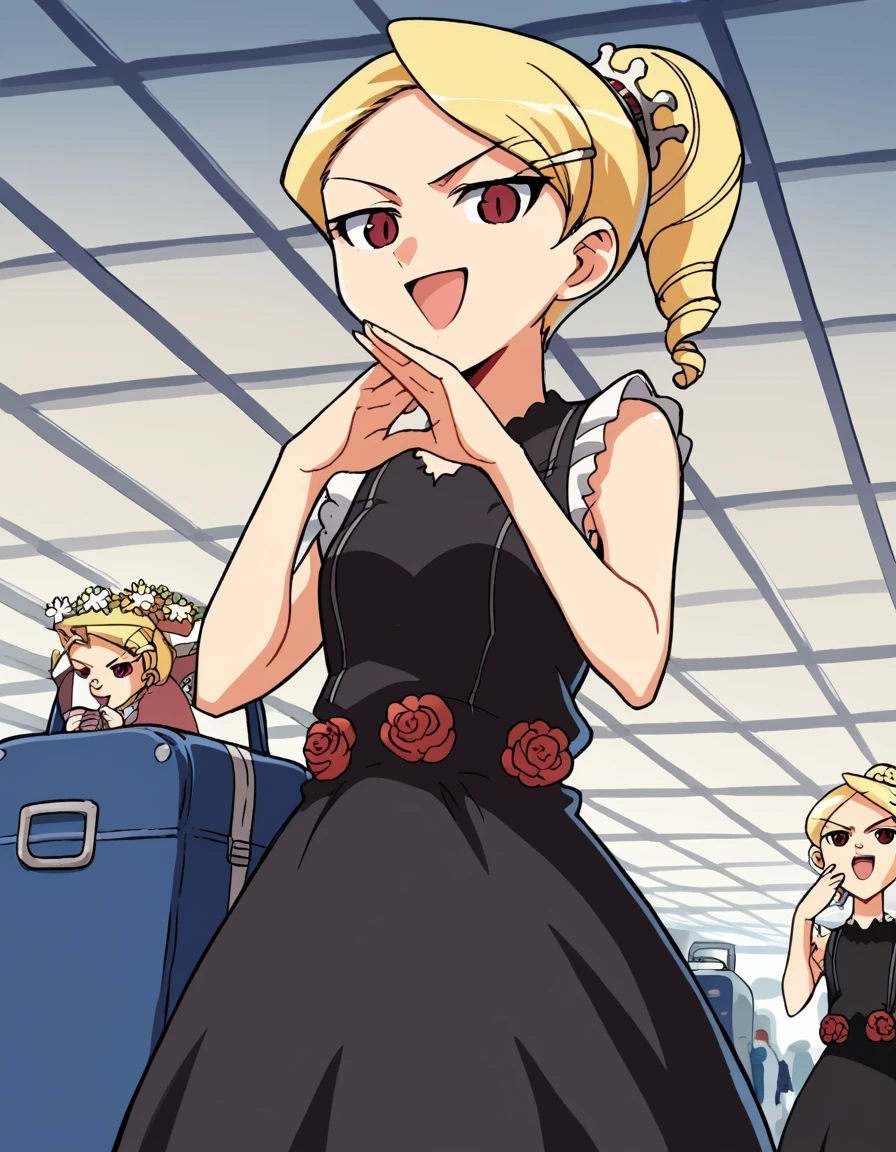 score_9, score_8_up, score_7_up, source_anime, <lora:kaibutsuoujo-sherwood-s1-ponyxl-lora-nochekaiser:1>, sherwood, blonde hair, hair ornament, red eyes, ponytail, hairclip, drill hair, dress, flower, black dress, black dress, skirt, frilled skirt, black skirt, sleeveless, sleeveless dress, airport, waiting area, suitcase, flight delayed, passengers, reading book, smile, <lora:ojou-sama-pose-ponyxl-lora-nochekaiser:1>, ojou-sama pose, laughing, smug, hand to own mouth, open mouth,, looking at viewer, solo,, dutch angle, cowboy shot