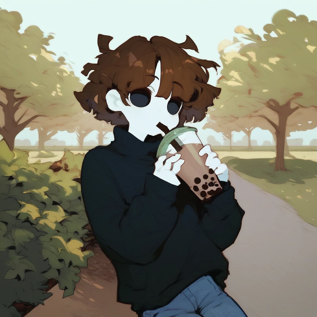 score_9_up, score_8_up, score_7_up, mikus-sona, white skin, black eyes, brown hair, black sweater, jeans, park, holding, bubble tea