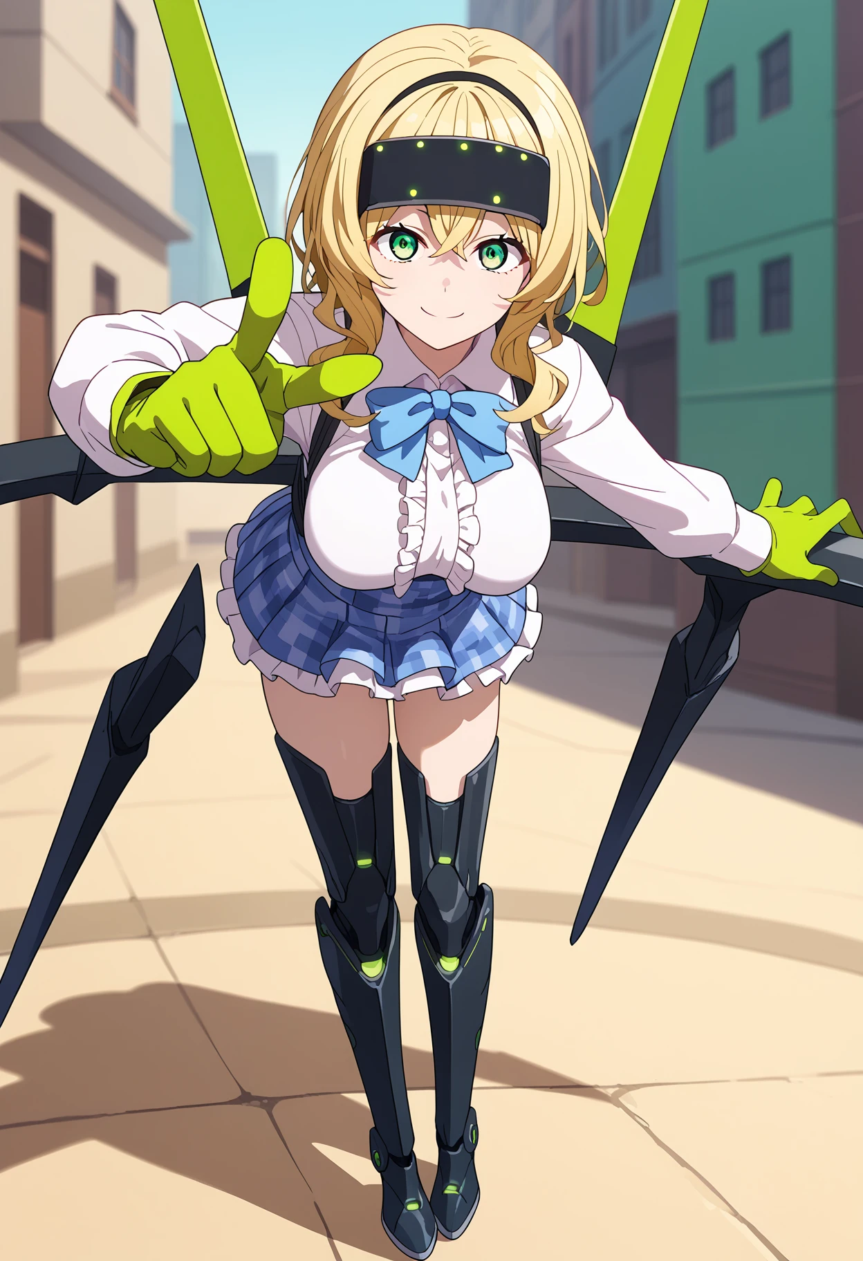 score_9, score_8_up, score_7_up, source_anime,
BREAK
1girl, solo, 
<lora:shiLyudmilaV1B:0.9>, 
shistratorng, blonde hair, green eyes, blue bow, medium hair, sidelocks, messy hair, wavy hair, hair between eyes, 
head-mounted display, 
white shirt, large breasts, long sleeves, frills, 
green gloves, plaid skirt, black thighhighs, boots, underbust, mechanical legs, 
virgin killer outfit, 
looking at viewer, smile, full body, leaning forward, bent over, hand on own hip, pointing at viewer,