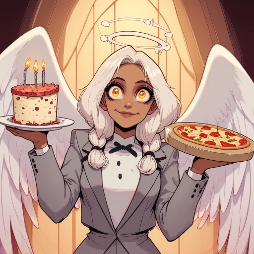 Digital ilustration featuring Gabriella the Goober angel holding a birthday cake in one hand and box of pizza in the other