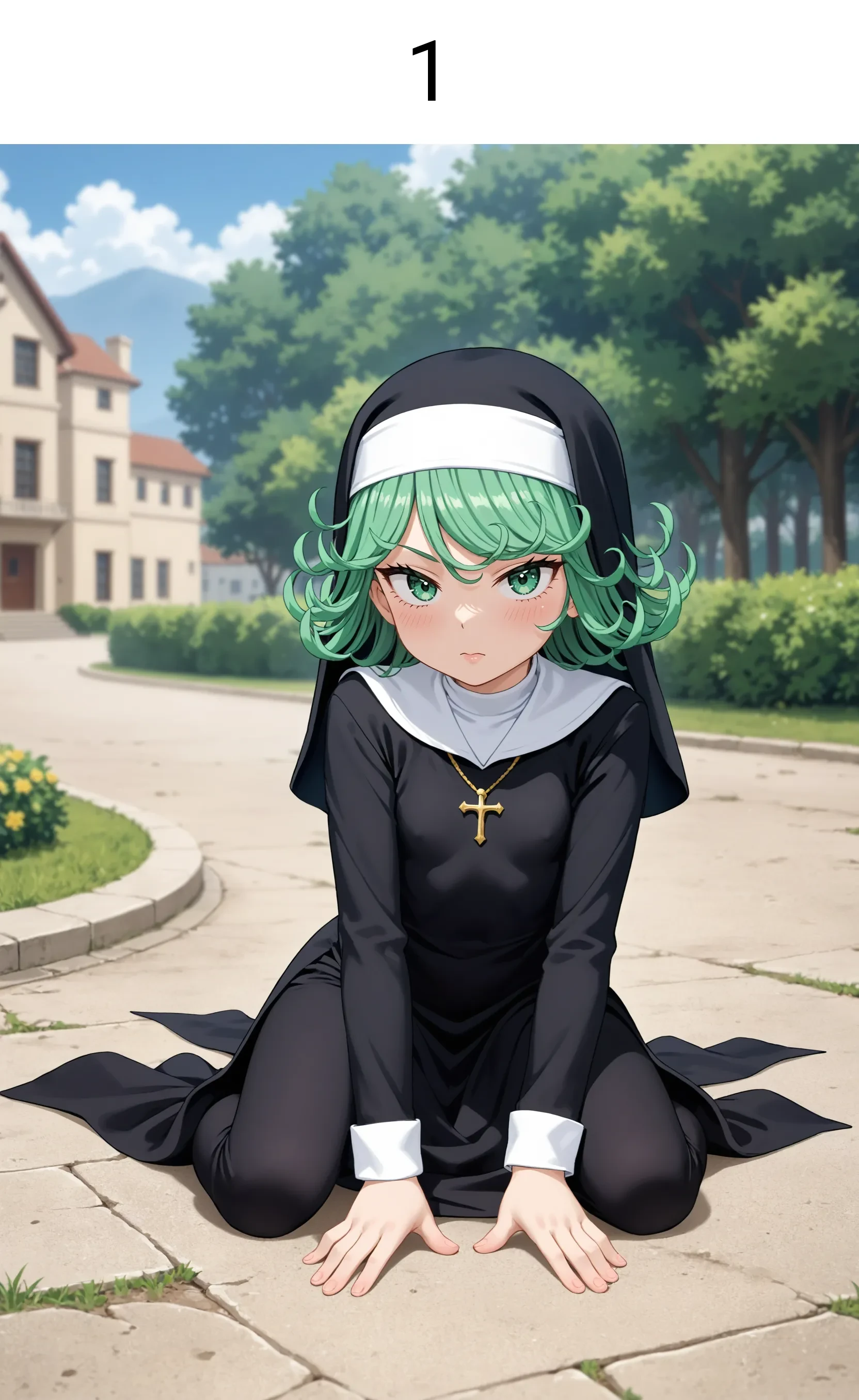 <lora:Hyper-SDXL-8steps-lora:1> <lora:Fixhands_anime_bdsqlsz_V1:1> zPDXL2, score_9, score_8_up, score_7_up, masterpiece, best quality, absurdres, high resolution, 8k, official art, official style, source_anime, anime screencap, anime coloring, megami magazine, (ai-generated:0.6), rating_safe,
on one knee, hand on ground, elbow on knee, looking at viewer, outdoors,
1girl, tatsumaki, (one-punch man:0.8), green hair, green eyes, nun, black bodysuit, black pants, full body <lora:LECO-milf_XL(pony)v10:1>