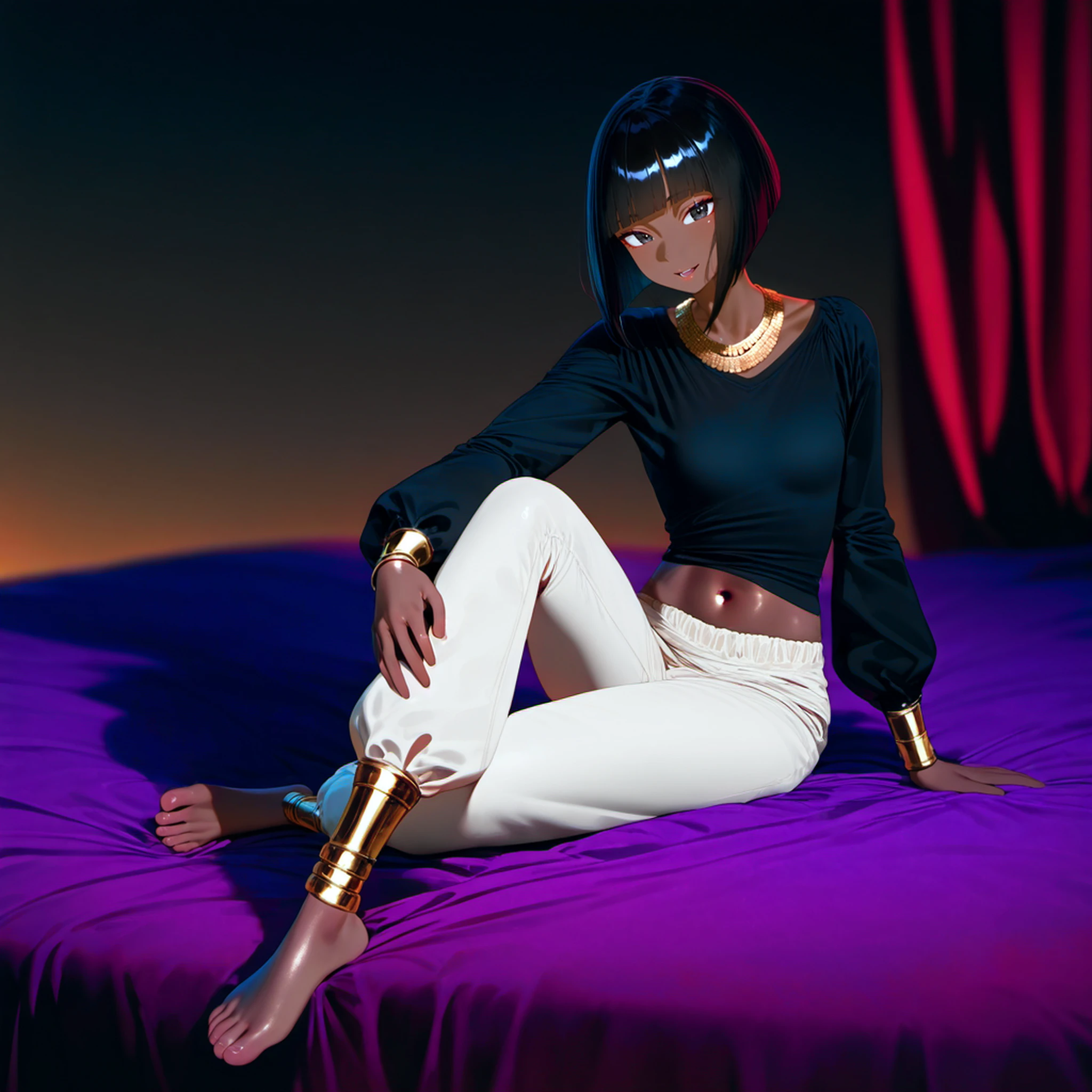 1girl, sexy, [(egyptian:0.5)::0.1], inverted bob, black hair,(dark skin:0.7), black eyes, (tsurime:0.5), small breasts,[oversized black t-shirt:egyptian clothes,dancer costume:0.3], puffy long sleeves, gold necklace, gold bangles,gold ankle rings, (puffy:1.5) (white:1.2) pants,barefoot, relaxing,
sitting on bed, (violet bed sheets:1.1), silk, drop shadow, red curtain, blurry background, red and black gradient background,(narrow waist:0.3), looking at viewer, arm on leg,contrapposto, navel,[muscular::0.1], open mouth, light smile
[realistic,3d::0.1],[(watercolor \(medium\):1.6):0.2], 
<lora:DobunezuMix-Illustrious:0:1>
best quality, good quality, newest