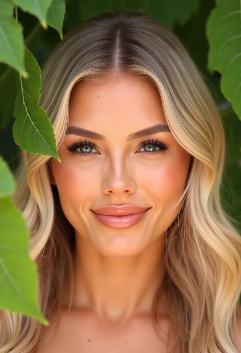 This is a high-resolution photograph of a young woman with fair skin and striking eyes. She has a serene expression, with a slight smile, and her long, wavy blonde hair cascades around her face. The hair is styled in loose, natural waves, with some strands falling in front of her shoulders. Her complexion is smooth, with a light dusting of freckles, and her lips are full and naturally pink. The photograph is taken in a natural, well-lit setting, possibly outdoors, as suggested by the soft, diffused light that accentuates her features. The background consists of lush green leaves, which are out of focus, adding a sense of depth and naturalness to the image. The woman appears to be wearing minimal makeup, enhancing her natural beauty. The overall style of the photograph is realistic, capturing the texture and detail of her skin and hair with clarity. The image exudes a sense of calm and natural elegance. 4LYT4Y