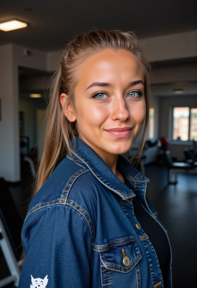 sideboob, dark eyeliner and mascara, athletic build., This is a photograph showcasing a young woman in a fitness setting, given the bright, revealing her striking blue eyes and a subtle, slightly messy style. She is wearing a dark blue denim jacket with visible white buttons and a subtle white emblem on the left sleeve., and striking blue eyes. She has a light smile on her face