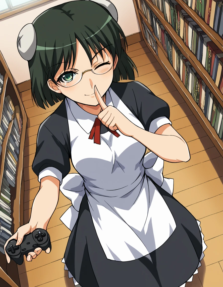 score_9, score_8_up, score_7_up, source_anime, <lora:kaibutsuoujo-francisca-s1-ponyxl-lora-nochekaiser:1>, francisca, short hair, black hair, green eyes, green hair, glasses, bun cover, medium breasts,, apron, maid,, living room, video game, controller, competitive, fun, afternoon, , <lora:shushing-ponyxl-lora-nochekaiser:1>, shushing, finger to mouth, index finger raised, from above, library, smile, blush, one eye closed, dutch angle,, looking at viewer, solo,, dutch angle, cowboy shot