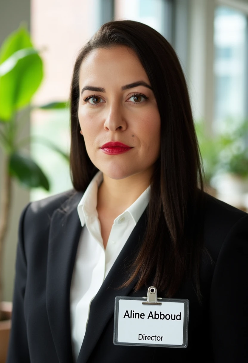 A portrait photo of alineabboud, a woman with a subtle mole. She is looking straight at the viewer with a serious expression on her face. She is wearing red lipstick. Her eyebrows are drawn down. Her mouth is closed and her lips are pressed together. She is wearing a professional white shirt and a black business suit. A simple ID badge with black bold text name "Aline Abboud" and smaller title "Director" is clipped to the suit jacket. The background is blurry and shows a modern office with house plants. Sunlight is shining through large windows.