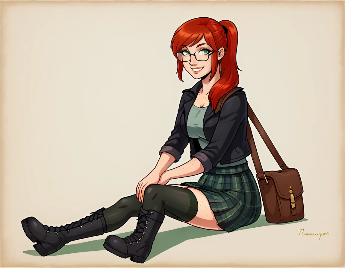 <lora:Alberto_Vargas_Artstyle_-_PonyXL:0.8> pinup,  view, sitting, knees up, smile,
 <lora:Bandi_XL:0.7> bandi, red hair, glasses, freckles, ponytail, side bangs, side_locks, sidelocks, green eyes, large breasts, tartan skirt, jacket, shirt, shoulder bag, boots, long black socks, thighhighs