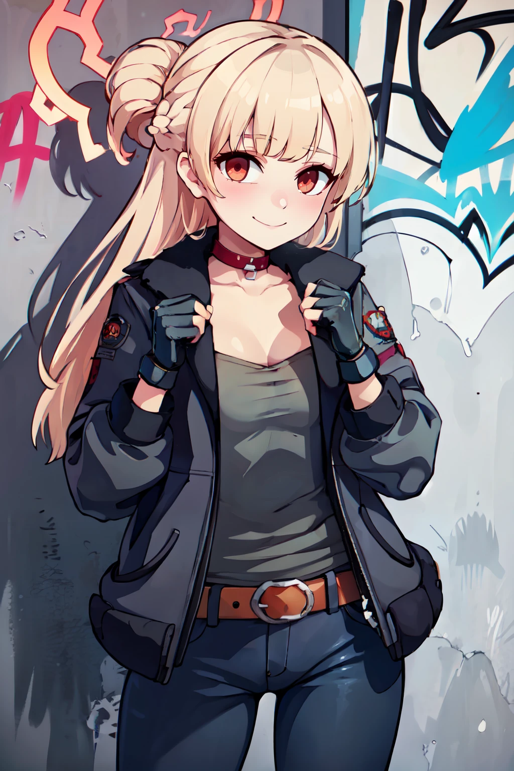 ((masterpiece,best quality)), absurdres,  BREAK, , <lora:Nodoka_BlueArchive_Citron:0.8>,, zzNodoka, halo, red eyes, blonde hair, long hair, hair bun , BREAK, leather jacket, leather pants, strapless bra, black jacket, tight pants, black choker, zipper, fingerless gloves, biker clothes, spikes, unzipped, multiple belts, shiny clothes, high collar, (graffiti:1.2), brick wall,, BREAK, solo, smile, looking at viewer, cowboy shot,