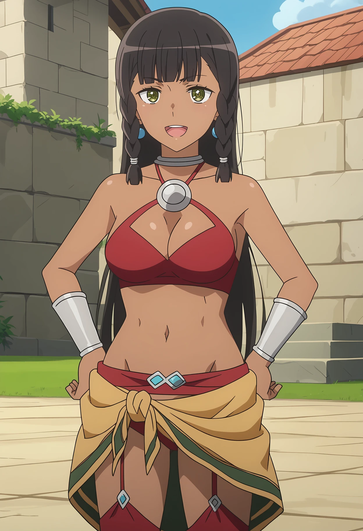 score_7_up, anime screencap,
<lora:DanMachi_TioneHiryuteXL:0.9>, TioneHiryute,
1girl, open mouth, light smile, upper teeth only,
dark skin, long hair, twin braids, black hair, blunt bangs, green eyes, earrings,
neck ring, red bikini, o-ring top, medium breasts, sarong, bracer, garter straps, red thighhighs,
hands on own hips, standing, looking at viewer,
outdoors, blue sky
