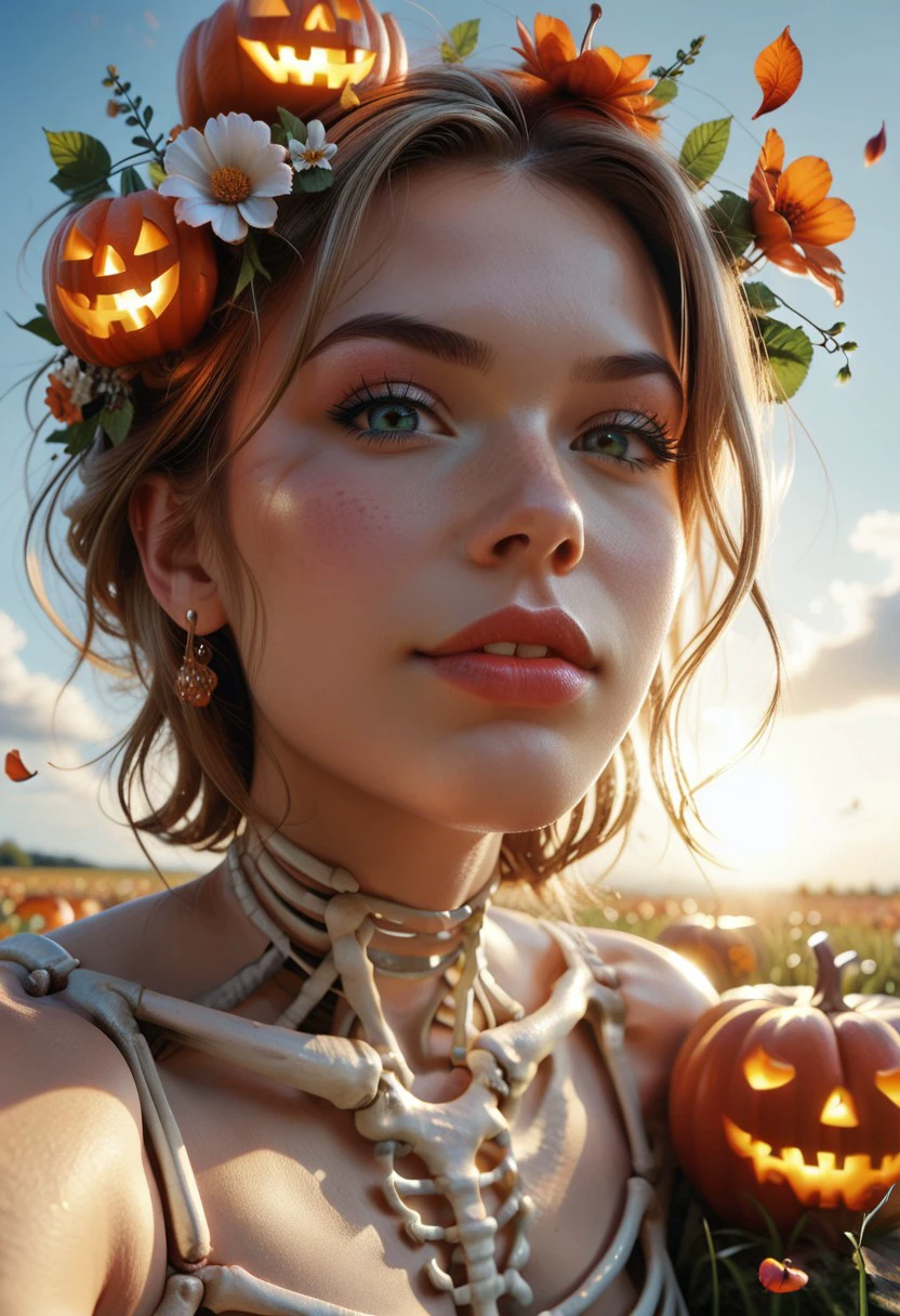 score_9, score_8_up, score_7_up, Skel-o'-lantern, skeleton, jack-o'-lantern, highly detailed, digital, low camera angle, close-up, tilt shot, artwork in a bright fantasy style, intricate tetradic colors, looking at viewer, head tilt, leaning forward, stand, in windy flower field, grass, sun glare, heavenly cloudy sky, (clouds spiral:0.8), a macabre tapestry of clouds reaching towards viewer, falling petals, light cascading from above, warm vibes.