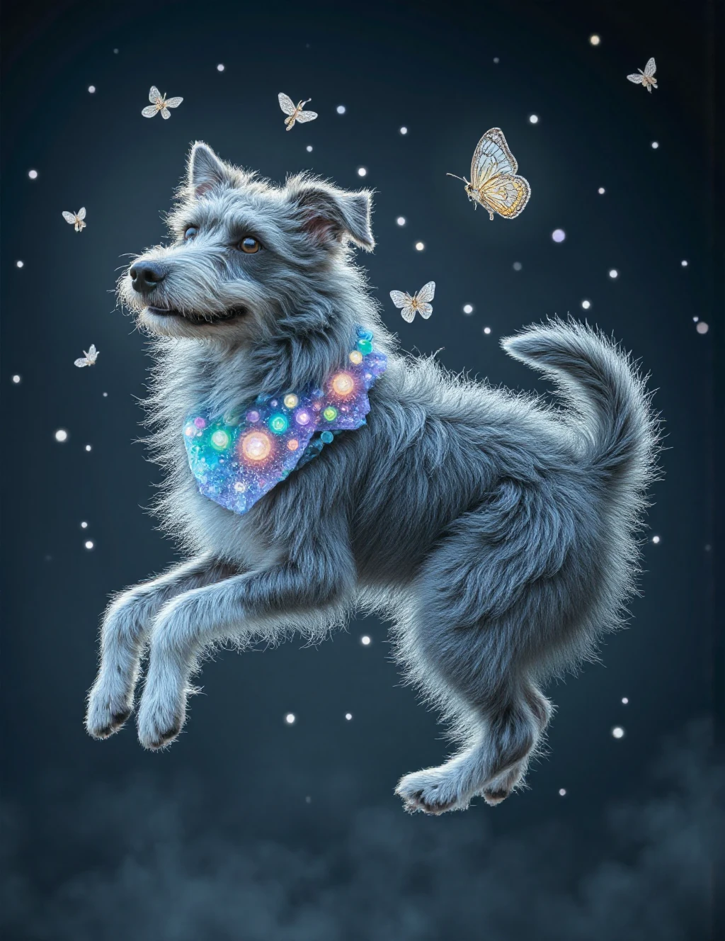 A mystical grey and white canine floats serenely in a crystalline void, its fur flowing like liquid mercury in zero gravity. Ethereal wisps of stardust weave through its coat, creating constellation patterns that shift and shimmer. Its eyes gleam like opals, holding ancient wisdom within their swirling depths. Delicate frost patterns spiral across its fur, creating intricate mandalas that glow with a soft, inner light. Around its neck, a collar made of aurora borealis ripples and dances, casting prismatic reflections onto the surrounding mist. Tiny lunar moths with silver-dusted wings flutter around the dog's form, leaving trails of moonlight in their wake. The tips of its fur occasionally phase into translucent smoke, blurring the line between solid form and celestial essence.